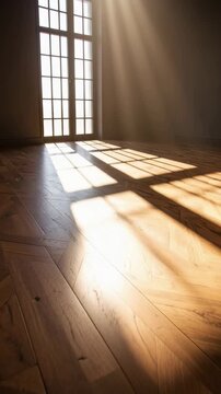 Empty room interior with sunlight streaming through a window onto a hardwood floor, creating shadows and bright light patches