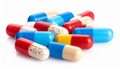 Blue capsules with white granules scattered on surface