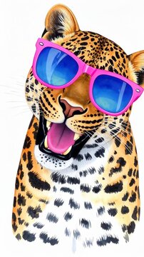 Hand-drawn leopard illustration with pink sunglasses, open mouth, showing teeth and tongue, on a white background.