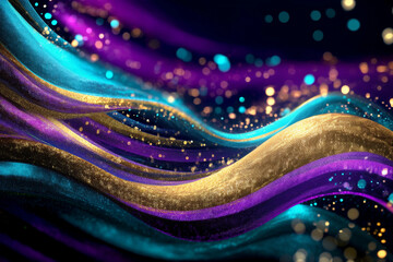 Glitter Teal Violet Golden Wave Stripes Design Sparkle Motion Lines with bokeh effect background	