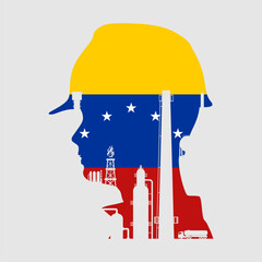 Industrial worker silhouette featuring oil and gas infrastructure icons. Project management, engineering and safety inspection. Textured by national flag of Venezuela.