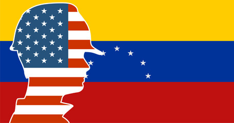 Industrial worker head silhouette against Venezuela national flag. Project management, engineering and safety inspection. Textured by national flag of the USA.