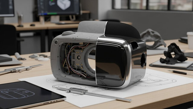 A disassembled virtual reality headset sits on a desk in a modern office with design plans and tools scattered around it.