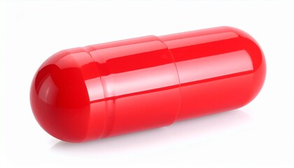 Single red capsule with glossy surface on white