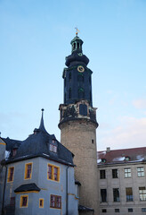 Weimar, Germany, Town palais with tower and historic buildings in winter with some snow