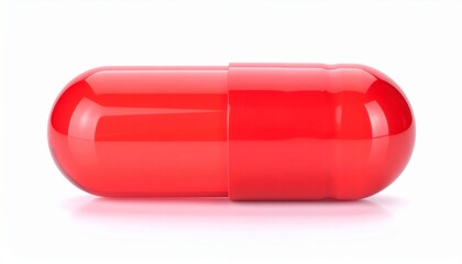 Single red capsule with glossy surface on white