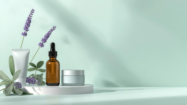 Flacone contagocce e crema accanto a lavanda su sfondo chiaro. Generative AI