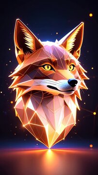 Geometric fox head with golden hues, bright eyes and low poly design, futuristic abstract art, glowing lights, dark gradient background