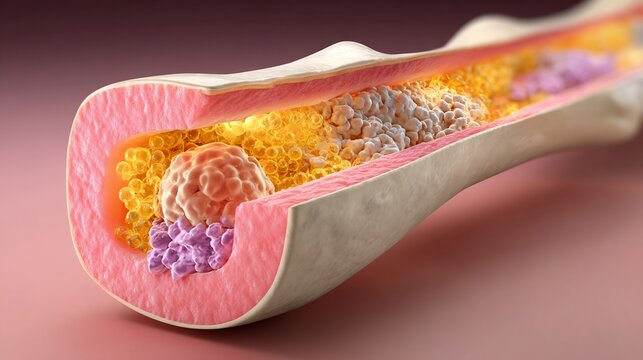 Flat educational illustration of bone tumor inside long bone showing cortex marrow cavity tumor mass simplified realistic anatomy soft neutral lighting orthopedic teaching style