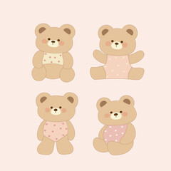 vector , illustration of a set of  4 cute bears in polka dot dresses 