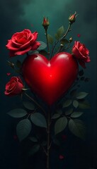 Red Heart With Roses on Dark Background &ndash; Romantic Love Illustration