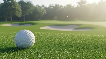 Fototapeta premium A single golf ball on a lush green course near water hazards
