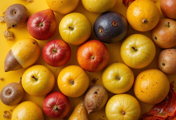 Assorted colorful apples and pears arranged on a yellow background green
