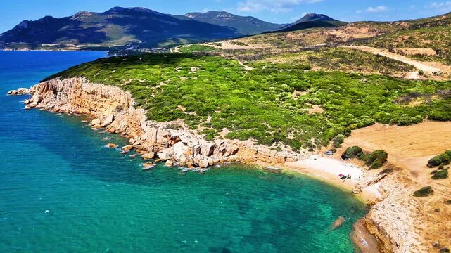 Aerial drone video of small gulf near Petrota and Mesimvria beaches, Greece