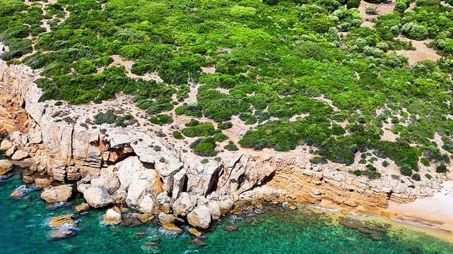 Aerial drone video of small gulf near Petrota and Mesimvria beaches, Greece
