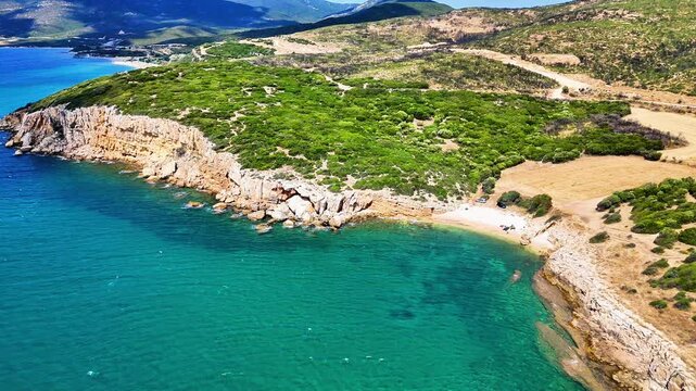 Aerial drone video of small gulf near Petrota and Mesimvria beaches, Greece