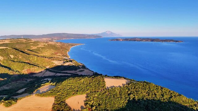 Aerial view toward Mount Athos and Ammouliani Island from Ierissos, Greece