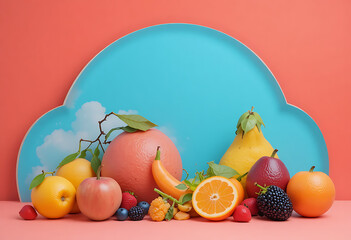 Assorted colorful fruits displayed on a pink background with a blue cloud-shaped plate fresh healthy