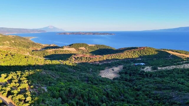 Aerial view toward Mount Athos and Ammouliani Island from Ierissos, Greece