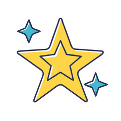 Obraz premium Vector graphic of yellow star icon with blue outline and smaller stars for rating and design