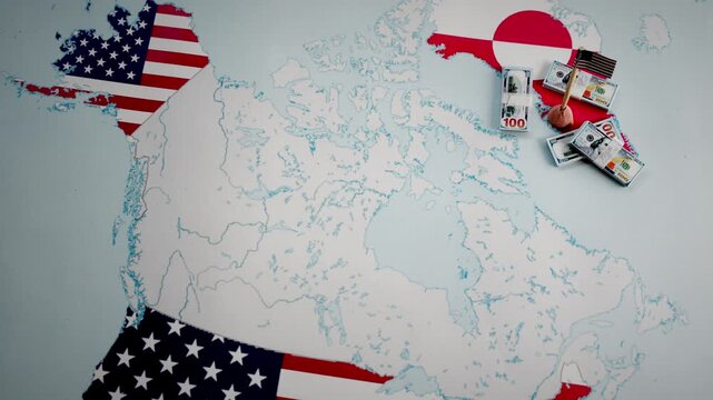 Animated political map showing the United States buying Greenland from Denmark, symbolizing geopolitical strategy, expansionism, and international relations for economic and territorial advantage