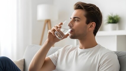 A man enjoying the hydration. He is taking a sip of the drink. Capturing the essence of health and vitality, this image evokes feelings of wellness, rejuvenation, and mindful hydration.