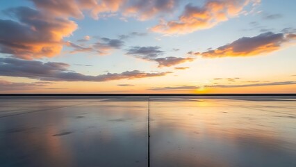 Serene sunset with vibrant clouds over calm waters on a tranquil background