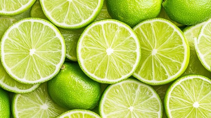 Juicy texture of fresh green lime slices background. Pattern of overlapping slices of lime, creating an abstract seamless background. 