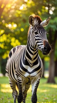 Close-up portrait of a zebra standing outdoors in a grassy meadow with green trees and bright sunlight in the background