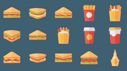 Set of fast food colorful doodles on a white background. Fast food cartoon elements collection
