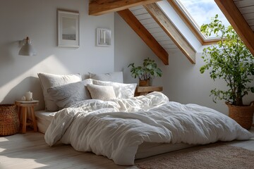 Fototapeta premium Cozy attic bedroom with a slanted white ceiling and a skylight window, a low bed with crumpled white linen bedding, and a potted green plant.