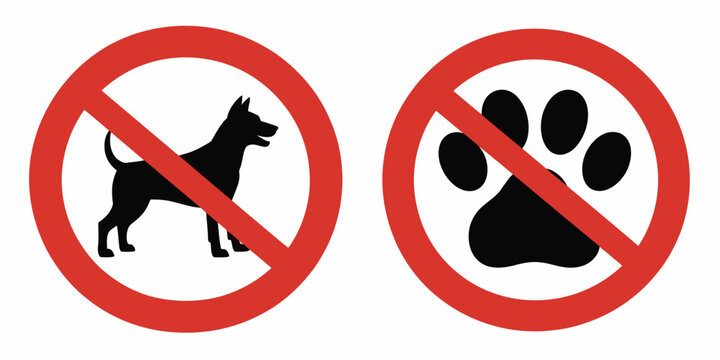No dogs and no pets forbidden sign featuring animal silhouette, paw print, and footprint inside red circle with diagonal line, flat style vector icon ideal for public, private, safety, 