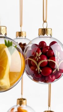 Decorative glass Christmas baubles filled with dried orange slices and red cranberries on a clean white background