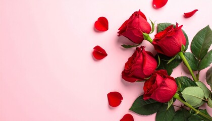 Fresh red roses with green leaves and scattered petals on a flat pink surface with copy space on the left side, gentle festive spring atmosphere