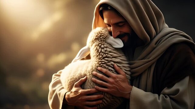 Jesus holds a gentle lamb, symbolizing Jesus as the Good Shepherd. A Christian concept for religious education, Easter, or faith-based messaging.