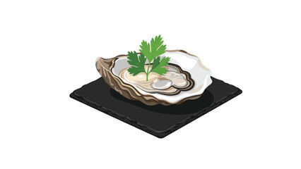 A single fresh oyster, elegantly presented on a sleek black slate plate with a sprig of green parsley, highlights gourmet seafood and fine dining.
