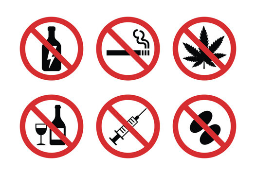 No drugs sign symbol isolated vector featuring prohibition icon with red circle and diagonal line, suitable for public safety, warning signage, educational campaigns, and regulatory illustrations.