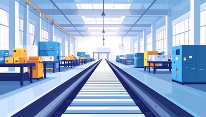 Fototapeta premium 無人の生産ラインを表現した工場設備イラスト