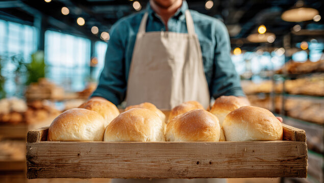 Happy baker man presenting fresh baked bread rolls on an artisan wooden tray in a modern bakery or cafe