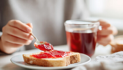 Woman spreading strawberry jam on toast for a healthy morning breakfast with a cup of hot tea