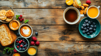 Healthy Breakfast with Coffee, Fruits, and Pastries on Wooden Table