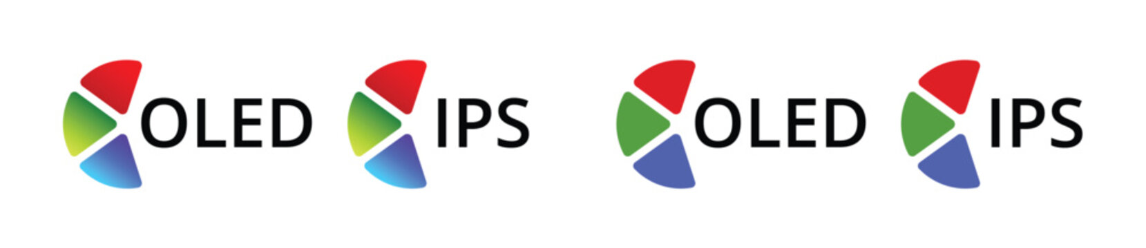 Oled and ips logo design variations with colorful triangle shapes.