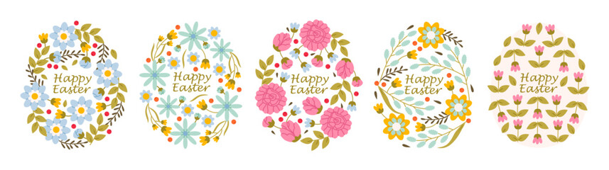 Floral Easter Eggs with Happy Easter Greeting. Pastel botanical elements, wreaths, and flowers create a cheerful holiday greeting design.