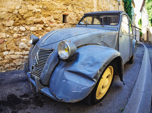 Lourmarin, France - August 3, 2011: Citroen 2cv model AZL from 1957 car in Lourmarin town, Provence region