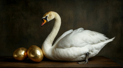 White Swan Nesting with Eggs on Straw Nest in Dark Background