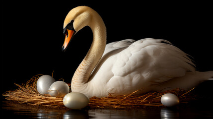 White Swan Nesting with Eggs on Straw Nest in Dark Background