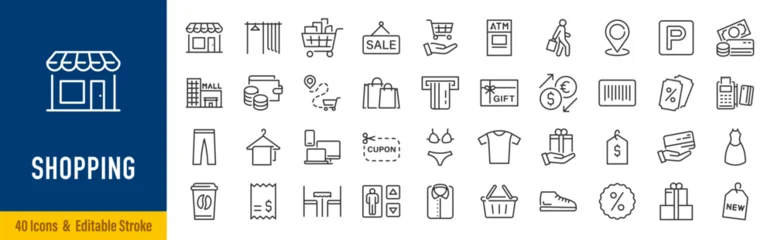 Fotobehang Sportwinkel Shopping web icons in line style. Online shop, digital marketing, delivery, coupon, discount, bank card, gift, shop collection. Editable stroke. Vector illustration.  © iiierlok_xolms