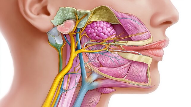 Flat ENT illustration of salivary gland tumor showing parotid gland facial nerve path tumor mass muted color anatomical accuracy educational graphic