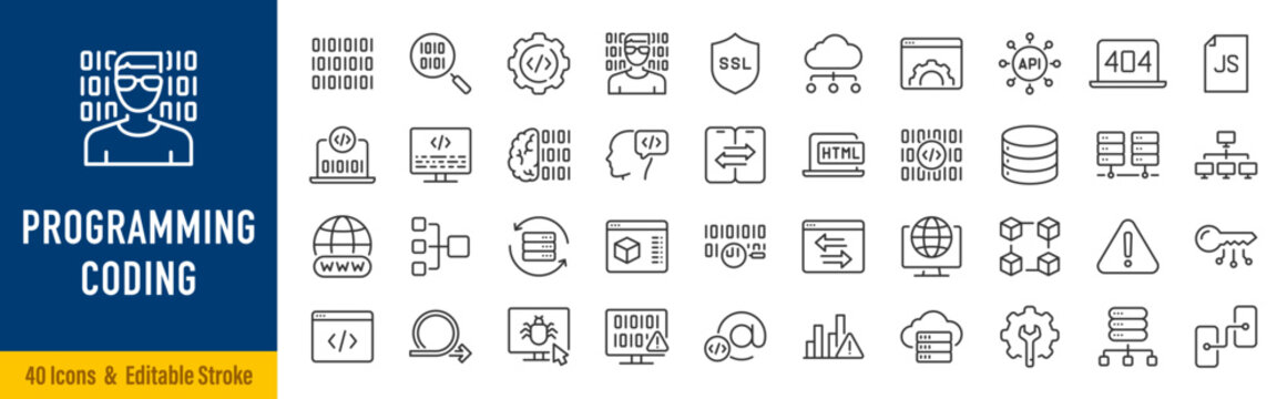 Programming and coding web icons in line style. Information technology, developer, idea, advertising, app, archive, collection. Editable stroke. Vector illustration.