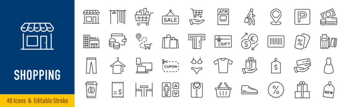 Shopping web icons in line style. Online shop, digital marketing, delivery, coupon, discount, bank card, gift, shop collection. Editable stroke. Vector illustration.